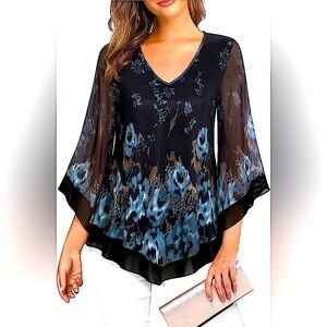 Lotusmile Womens Dressy Blouse Double Layers Mesh Shirt Flared Sleeve Tunic Tops